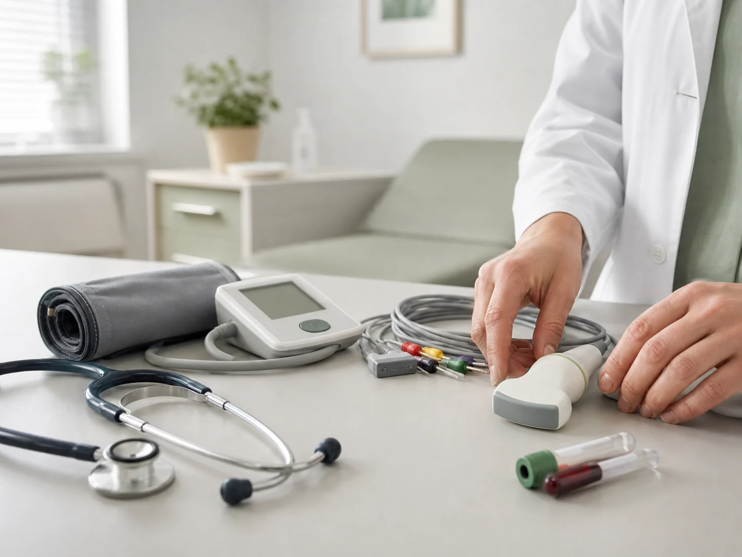 General medical diagnostics with ECG, blood pressure monitoring and ultrasound